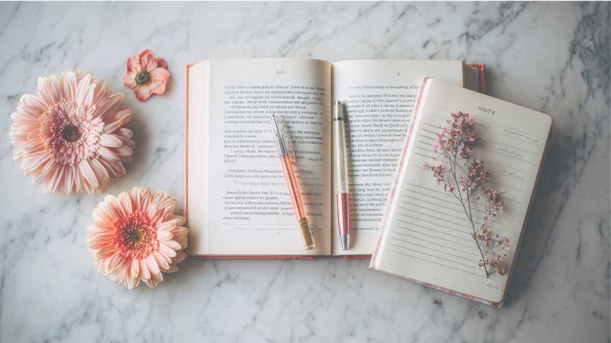 Stack of books next to green coffee mug